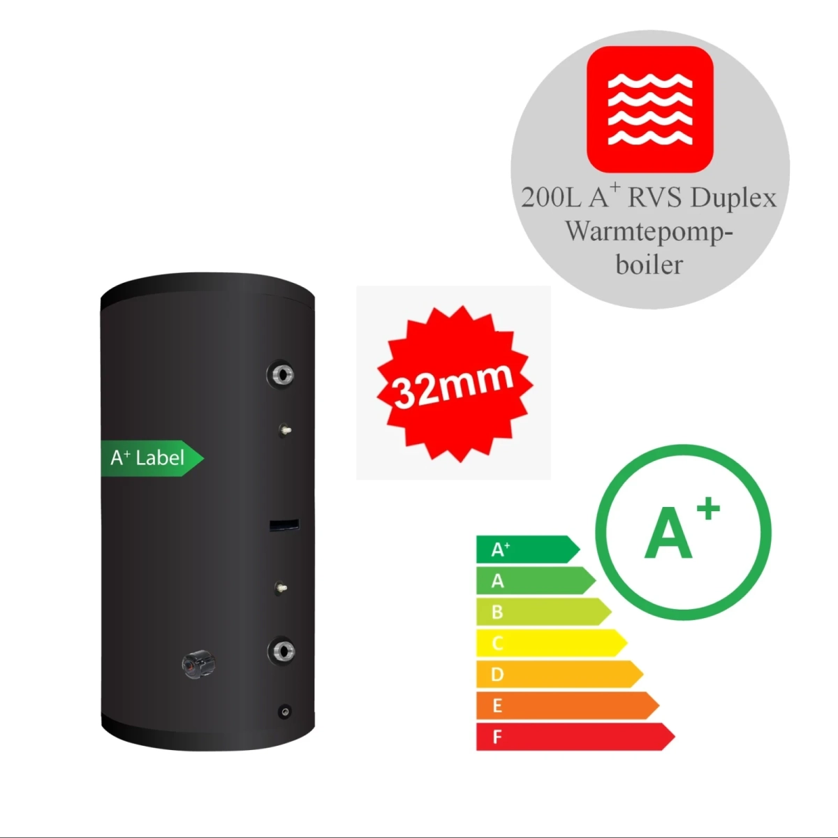 RVS Black 2.0 series A+ boiler - 1 XL 32mm warmtewisselaar - 200L