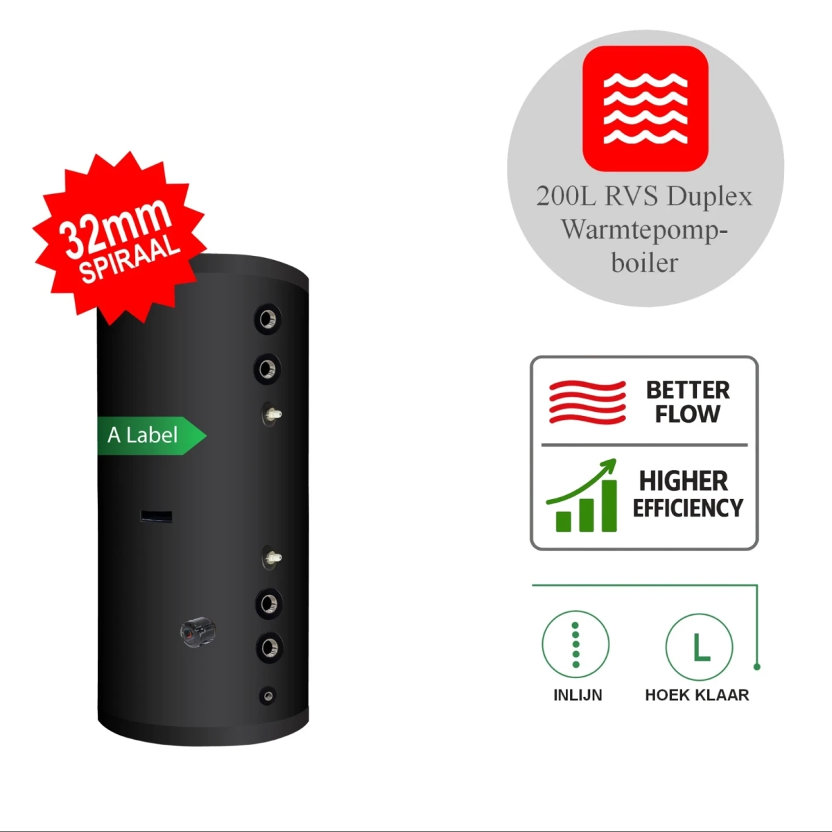RVS Black Inline boiler - 1 XL 32mm warmtewisselaar - 200L