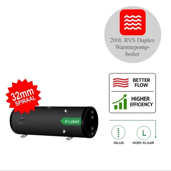 RVS Black Inline boiler horizontaal - 1 XL 32mm warmtewisselaar - 200L