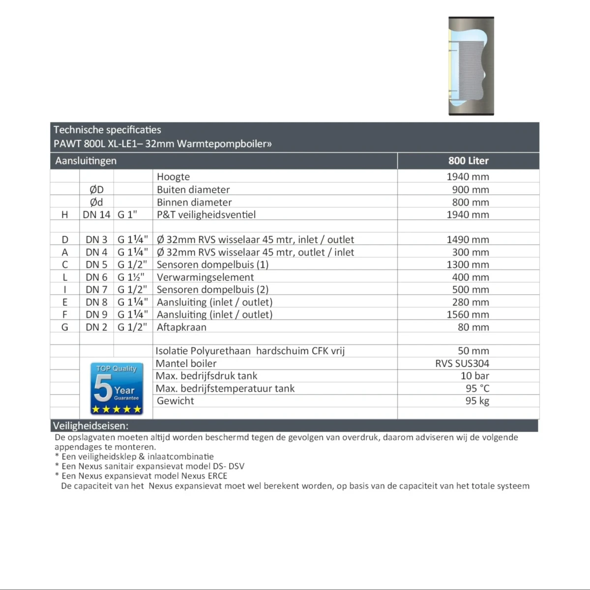 RVS boiler - 800L - 1 XL 32mm warmtewisselaar - Afbeelding 6