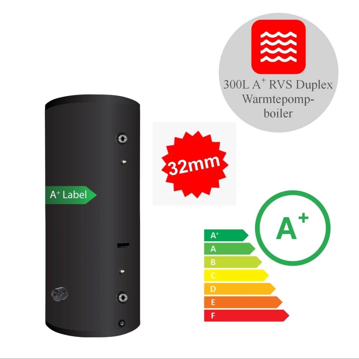 RVS Black 2.0 series A+ boiler - 1 XL 32mm warmtewisselaar - 300L