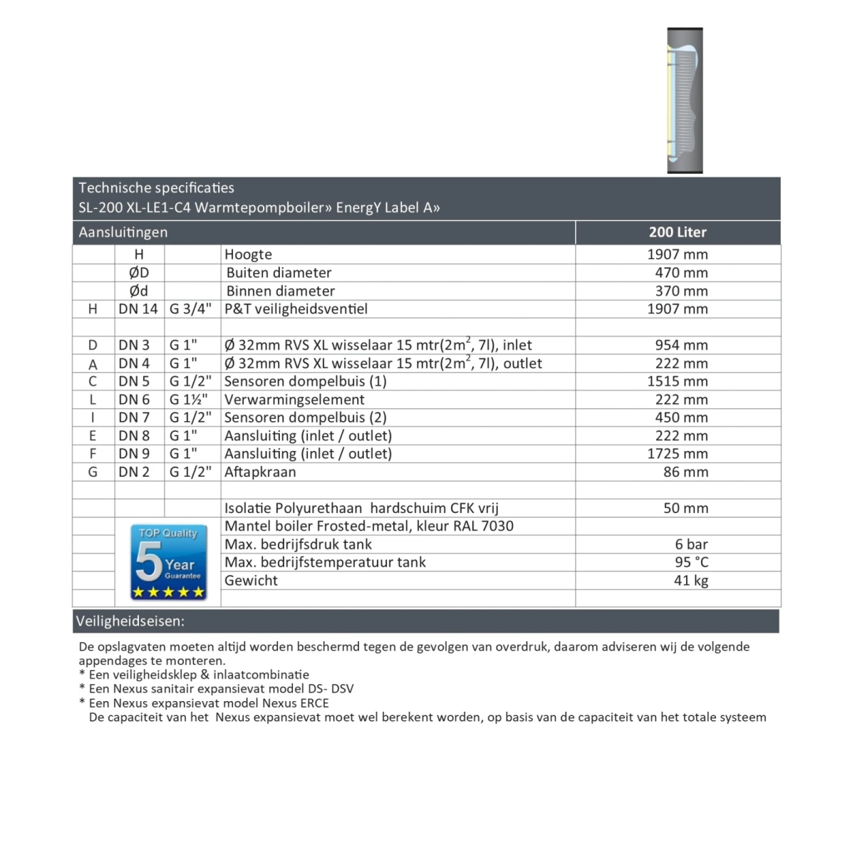 Slanke RVS boiler - 200L - 1XL 32mm warmtewisselaar - Afbeelding 7