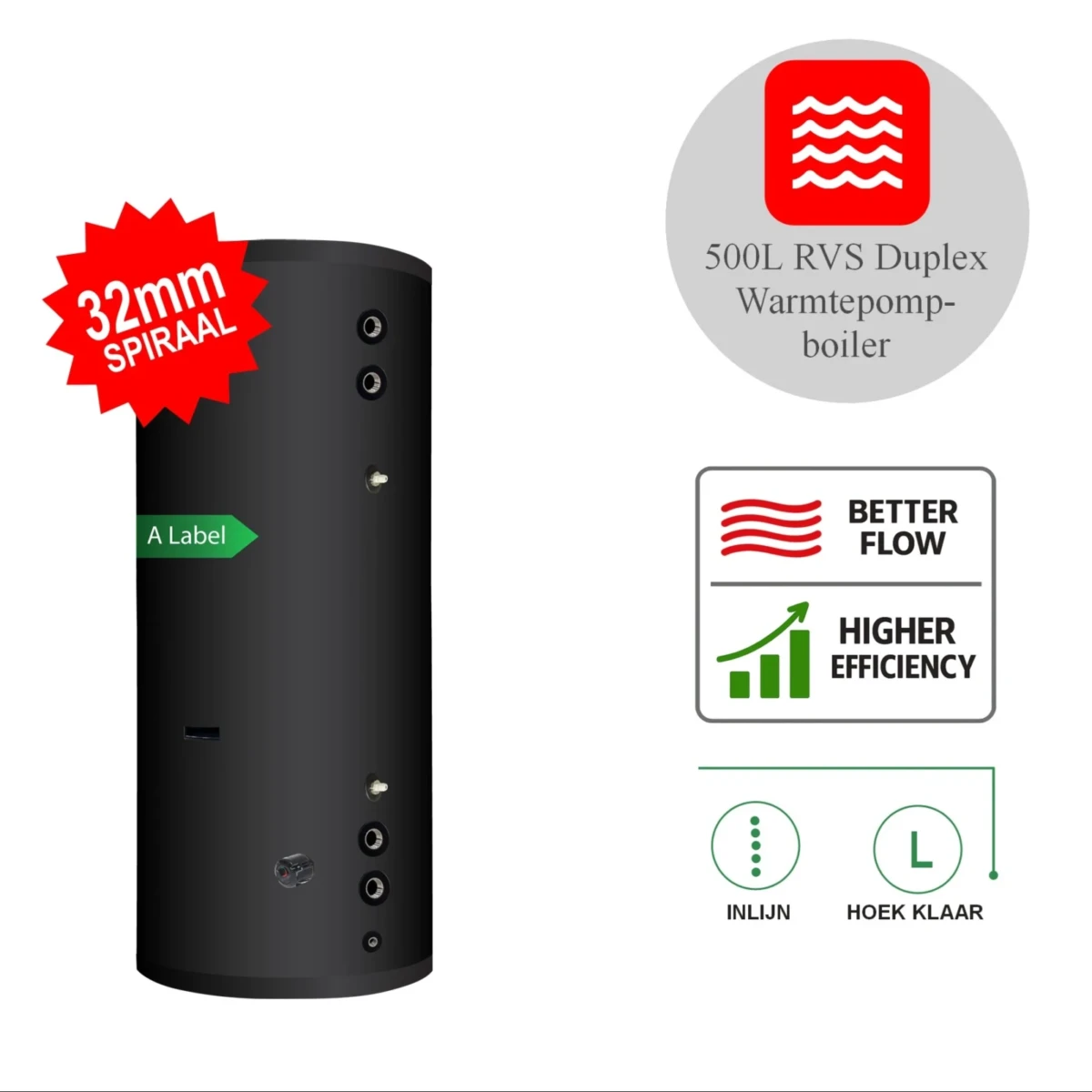 RVS Black Inline boiler - 1 XL 32mm warmtewisselaar - 500L