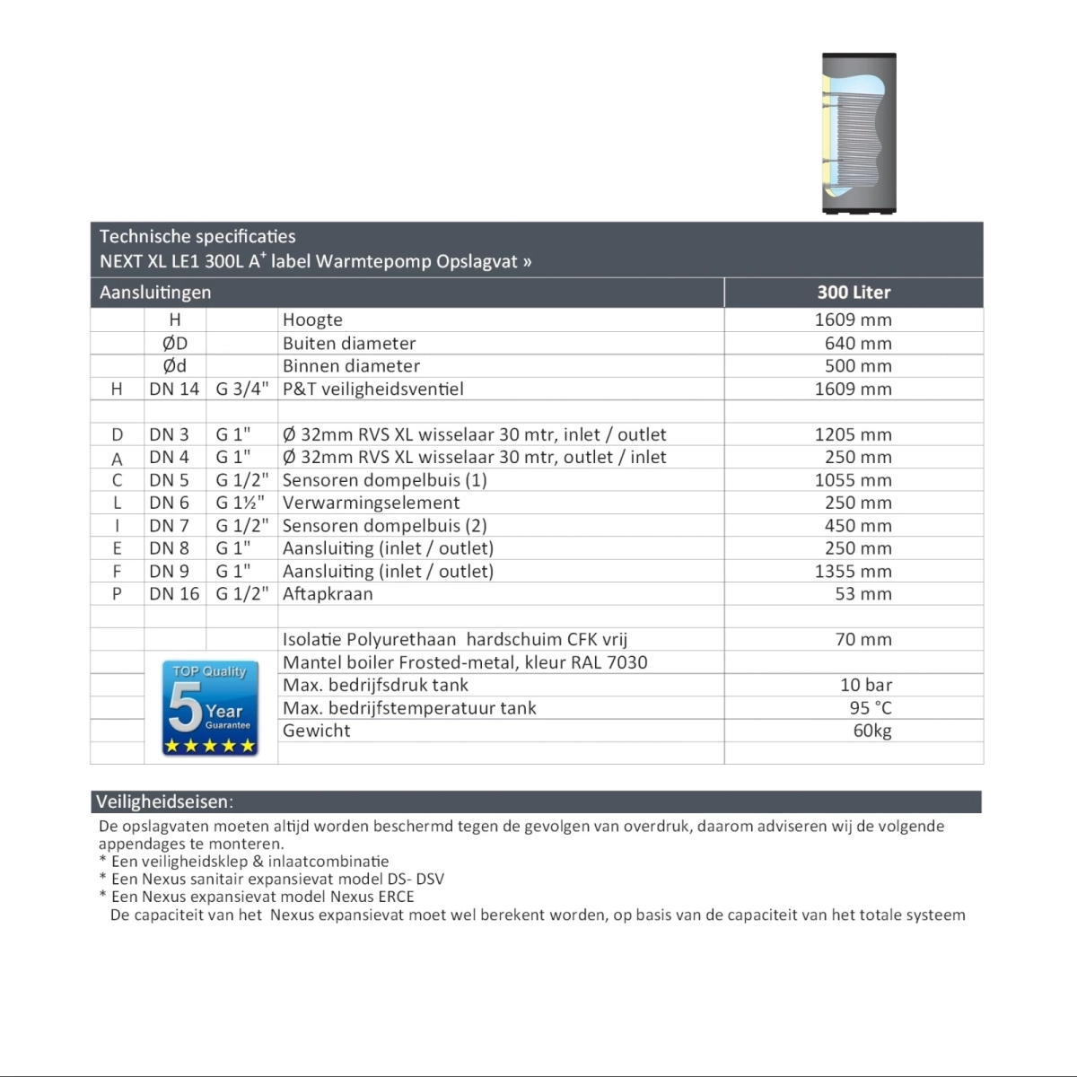 RVS boiler - 300L - 1 XL 32mm warmtewisselaar - A+ - Afbeelding 6