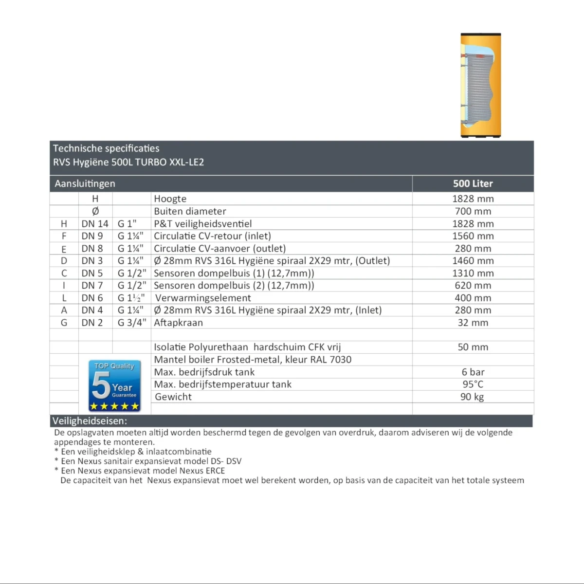RVS boiler / tapwater voorraadvat TURBO XXL-LE2 - 500L - Afbeelding 7