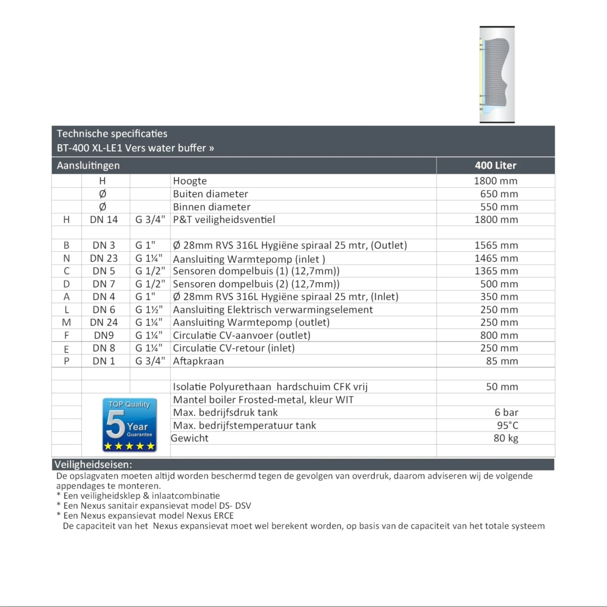 RVS boiler BT-400 XL-LE1 - 400L - 1 XXL 28mm warmtewisselaar - Afbeelding 7