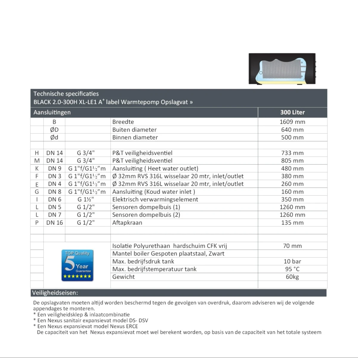 RVS Black 2.0 A+ boiler - 1 XL 32mm warmtewisselaar - horizontaal - 300L - Afbeelding 5