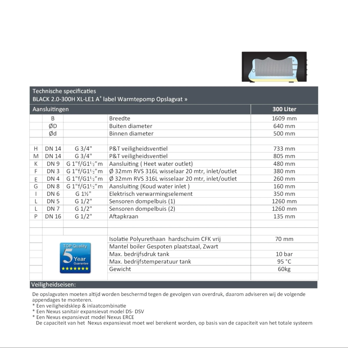 RVS Black 2.0 A+ boiler - 1 XL 32mm warmtewisselaar - horizontaal - 300L - Afbeelding 5