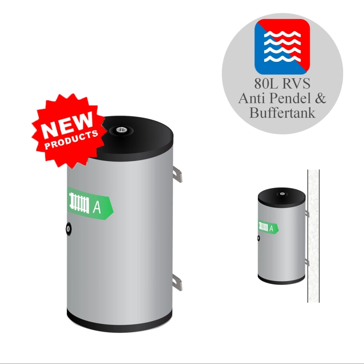 RVS buffervat - 3 aansluitingen - vloer/wand model - 80L