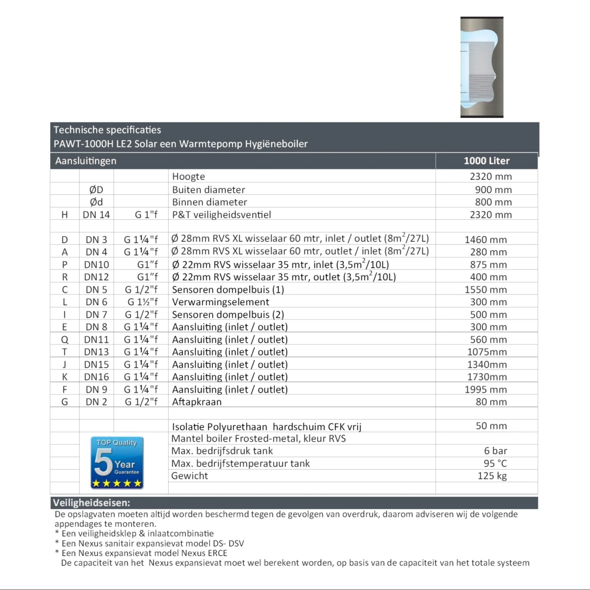 RVS boiler - 1000L - 2 XL 28mm warmtewisselaars - Afbeelding 6