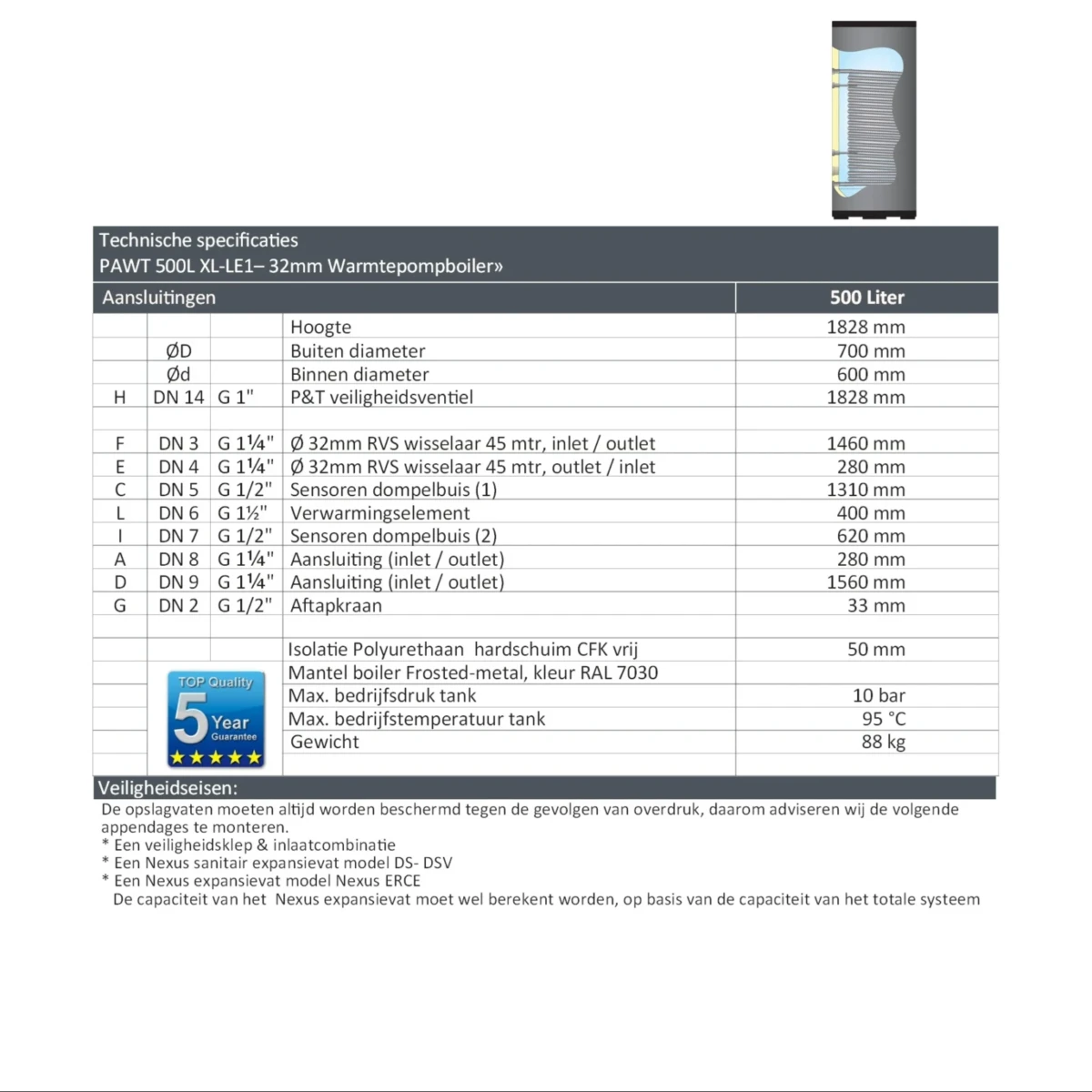 RVS boiler - 500L - 1 XL 32mm warmtewisselaar - Afbeelding 6