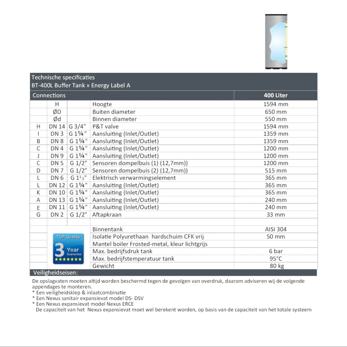 RVS buffervat BT-400 - 400L - Afbeelding 7