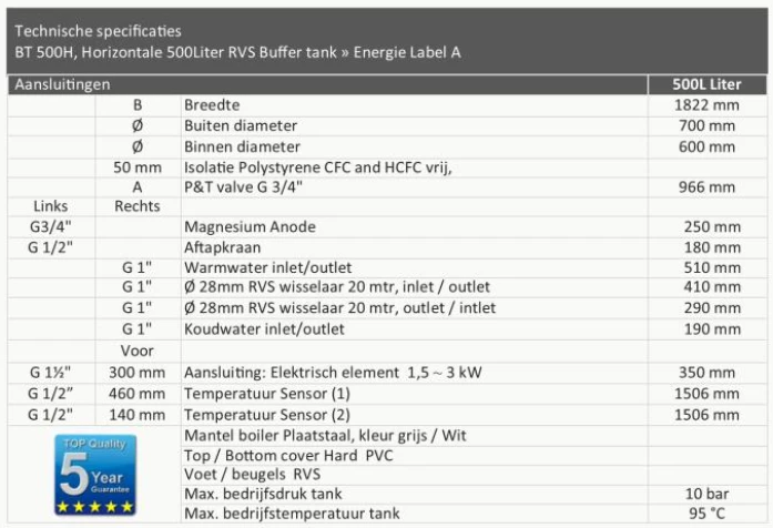 RVS Anti Pendel Buffertank BT-500H - 500L horizontaal - Afbeelding 3