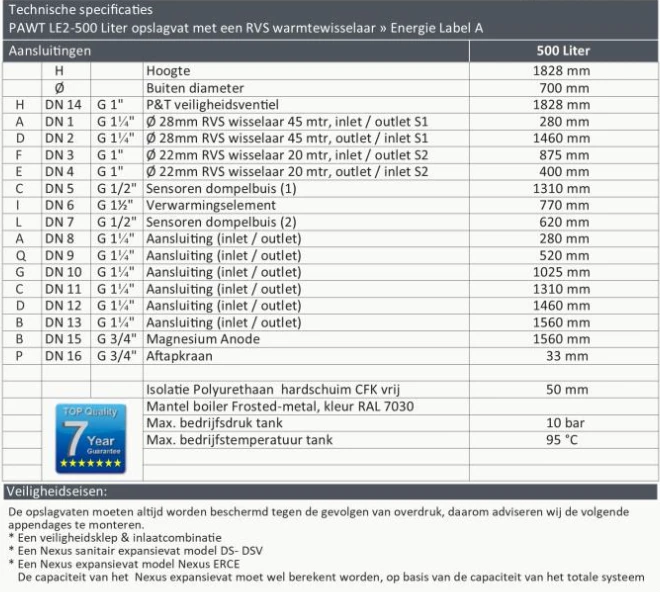 RVS boiler - 500L - 2 XL (22mm en 28mm) warmtewisselaars - Afbeelding 3