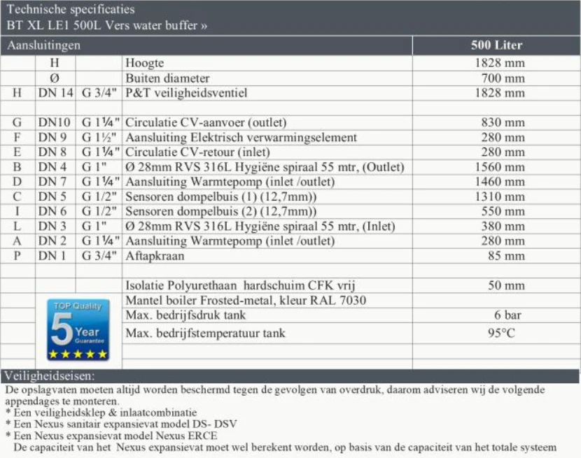 RVS boiler BT-500 XL-LE1 - 500L - 1 XXL 28mm warmtewisselaar - Afbeelding 3